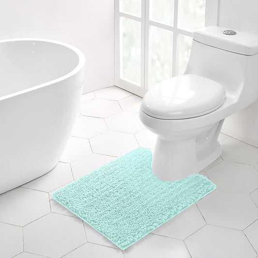Walensee Bathroom Contour Rug Non Slip Toilet U Shaped Bath Mat (20x24, Spa Blue) Water Absorbent Super Soft Shaggy Chenille Machine Washable Dry Extra Thick Perfect Absorbant Best Plush Carpet