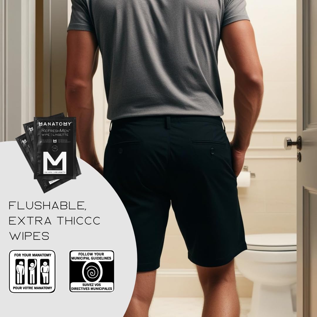 MANATOMY® RefreshMen Hygiene Wipes, On-the-Go Individually Wrapped, Refreshing and Hydrating Body Wipes with Aloe Vera & Chamomile, Extra-Thick & Large, Designed for Men, 24ct