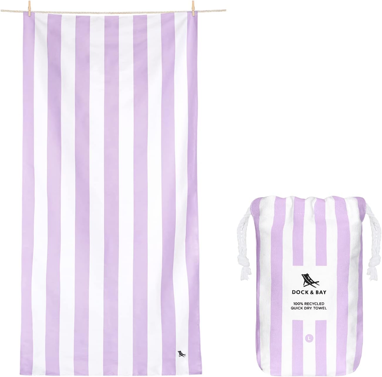 Dock & Bay Beach Towel - Quick Dry, Sand Free - Compact, Lightweight - 100% Recycled - Includes Bag - Cabana Light - Lombok Lilac - Large (160x90cm, 63x35)