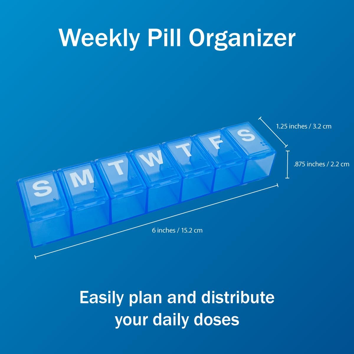Amazon Basic Care Weekly (7-Day) Pill Organizer, Vitamin Planner, And Medicine Box, Medium Compartments, Blue