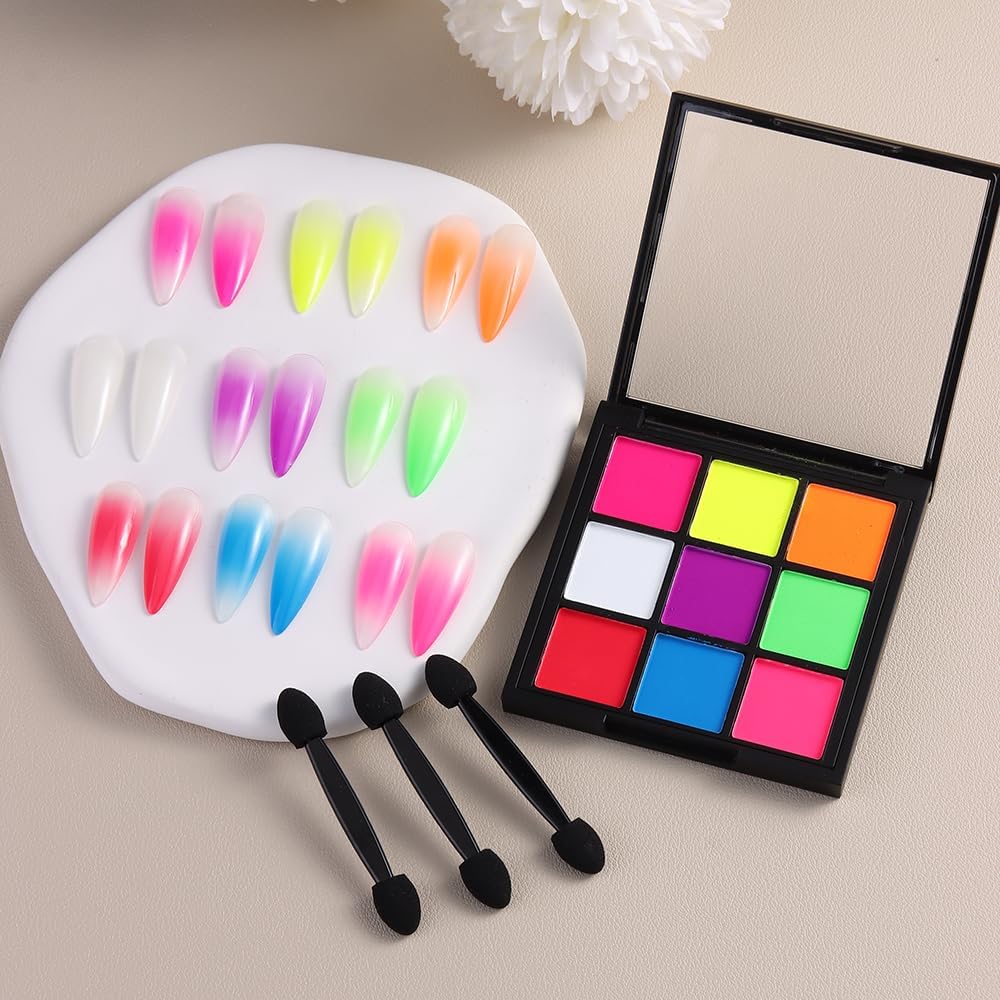 Neon Phosphor Nail Pigment Powder Palette, 9 Colors Solid Pigment Powder for Nails, Fluorescent Glitter Aura Nails Rubbing Dust with Ombre Nail Brush & Sponge Sticks Manicure Art DIY Accessories