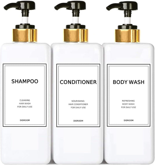 Modern Gold Shampoo and Conditioner Dispenser (21 oz, Pack of 3) Refillable Pump Bottle Set Empty Shower Plastic Bottles with Pump for Bathroom Body Wash Soap and Shower, 3 Types Waterproof Labels