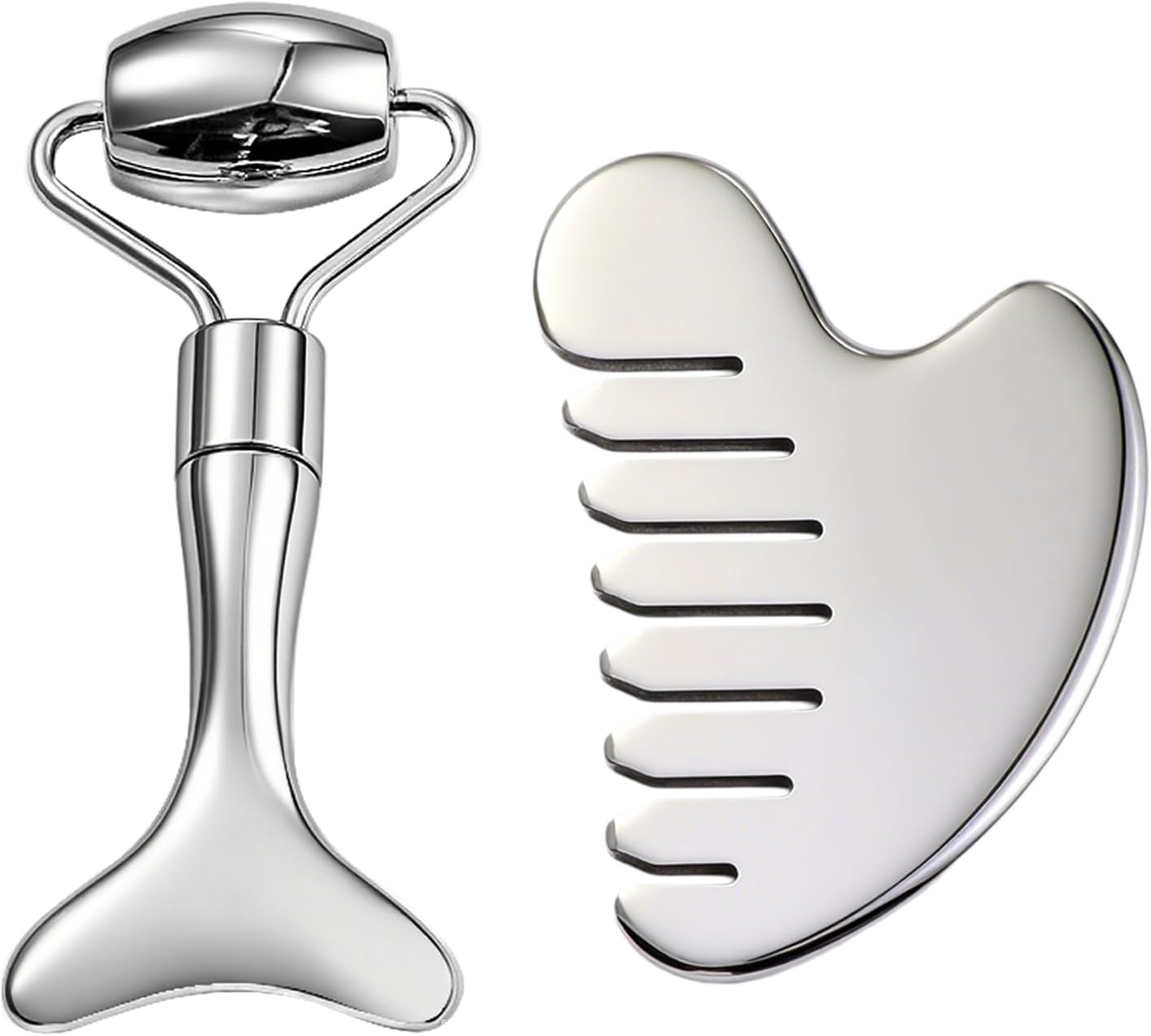 Gua Sha Facial Tools and Face Roller Set, Lymphatic Drainage Massager，Stainless Steel Facial Sculpting Eyes Roller Guasha for Face, Chin & Jawline Sculpting,Skin Care (Silver)