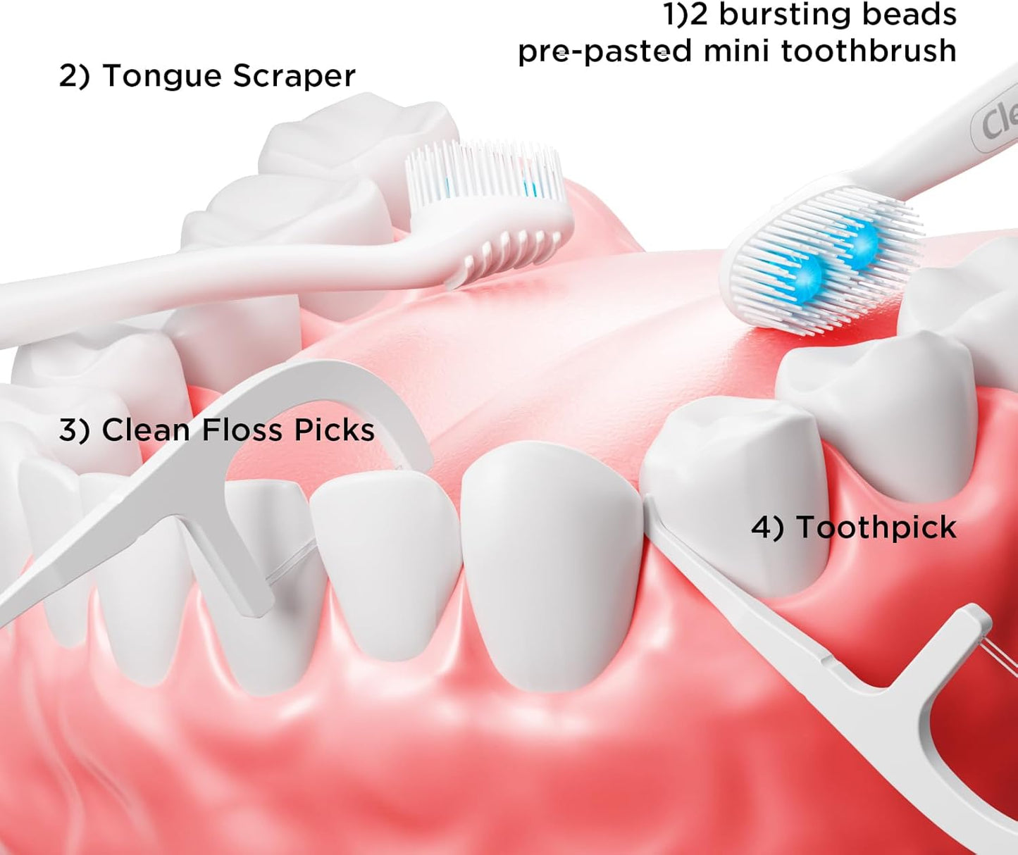 cleaings® Disposable Toothbrushes with Toothpaste - 4-in-1 Mini Travel Toothbrushes, Built-in Tongue Scraper, Floss & Picks for On-The-Go, Camping, Work (Extra Strong Mint)