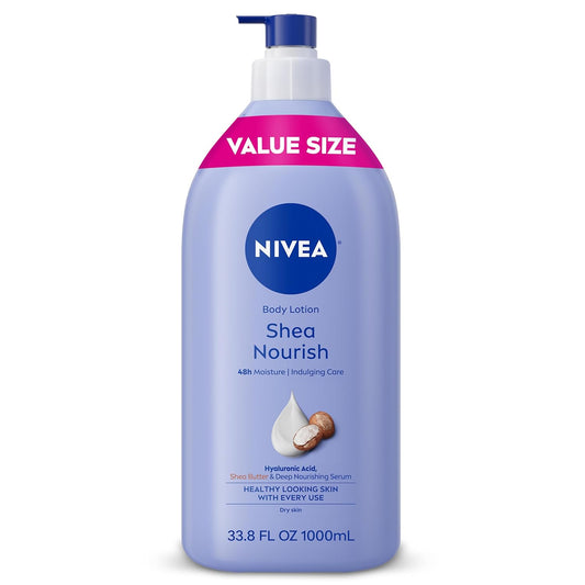 NIVEA Shea Nourish Body Lotion for Dry Skin with Hyaluronic Acid, Shea Butter and Deep Nourishing Serum, 48-Hour Body Moisturizer, 33.8 Fl Oz Pump Bottle
