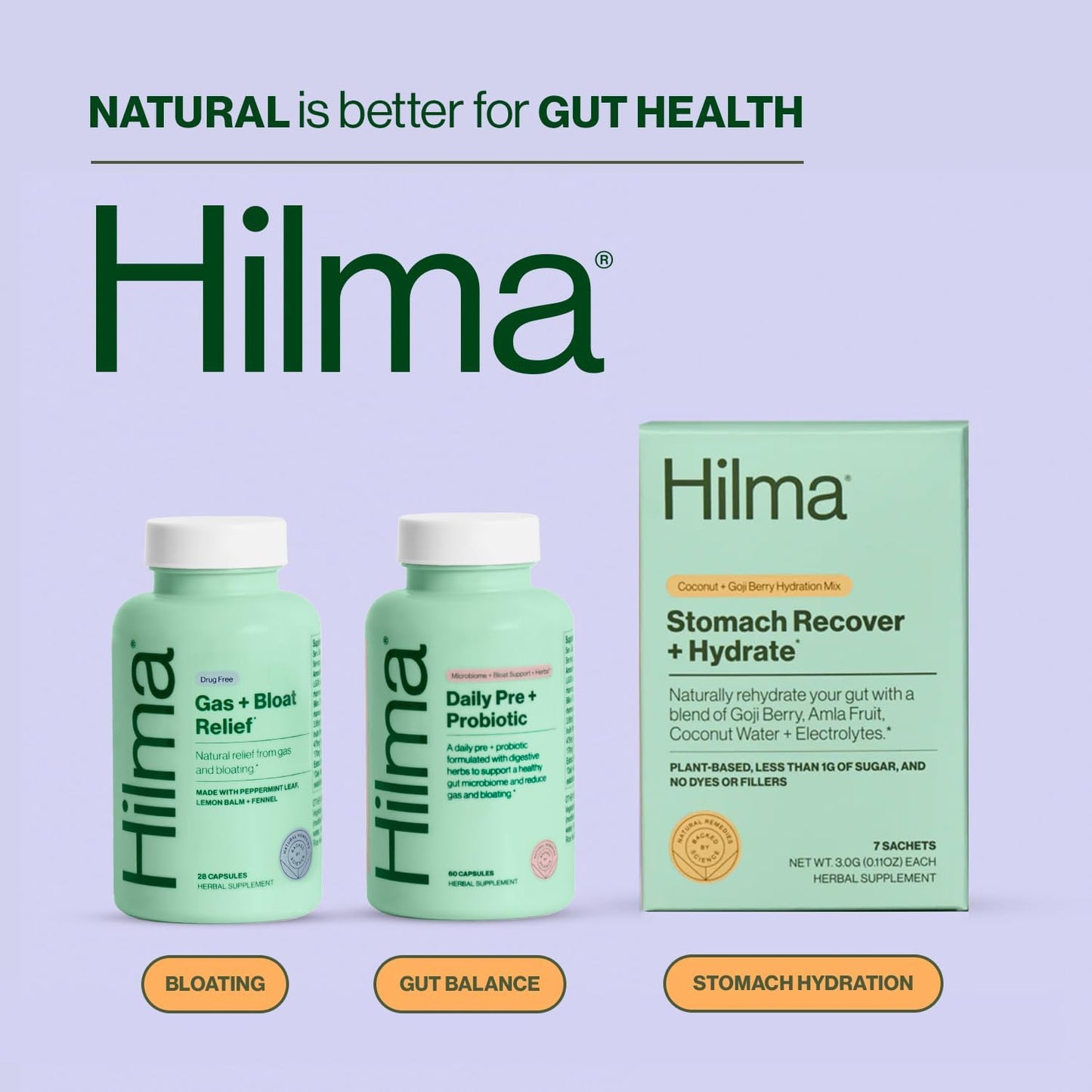 Hilma Pre and Probiotic with Herbs - Support Gut Health with Prebiotics and Probiotics, Plus Gas and Bloating Relief for Women & Men, 60 Vegan Capsules