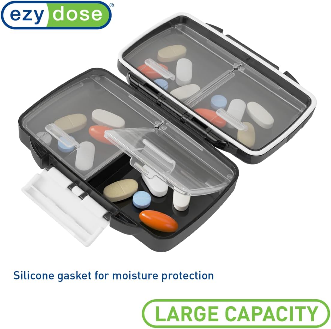 EZY DOSE Moisture-Proof Pill Case, Medicine Planner, Vitamin Organizer Box, Travel-Friendly, Latch-Closure to Secure Contents, 4 Individual Compartments of Multiple Sizes with Tight Seal, Small, Black