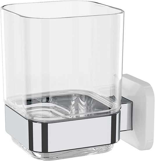 Wall-Mounted Tumbler and Toothbrush Holder, Wall Mounted Adhesive Hanging Electric Toothbrush Organizer Stand for Bathroom, No Drilling Required (White+Chrome, 3.93"X3.93"X2.97")