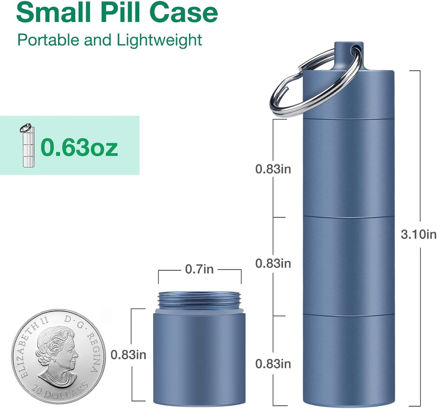 Opret Keychain Pill Holder, 3 Compartments Metal Small Pill Case, Waterproof Portable Travel Pill Box, Pill Container for Purse (Blue)