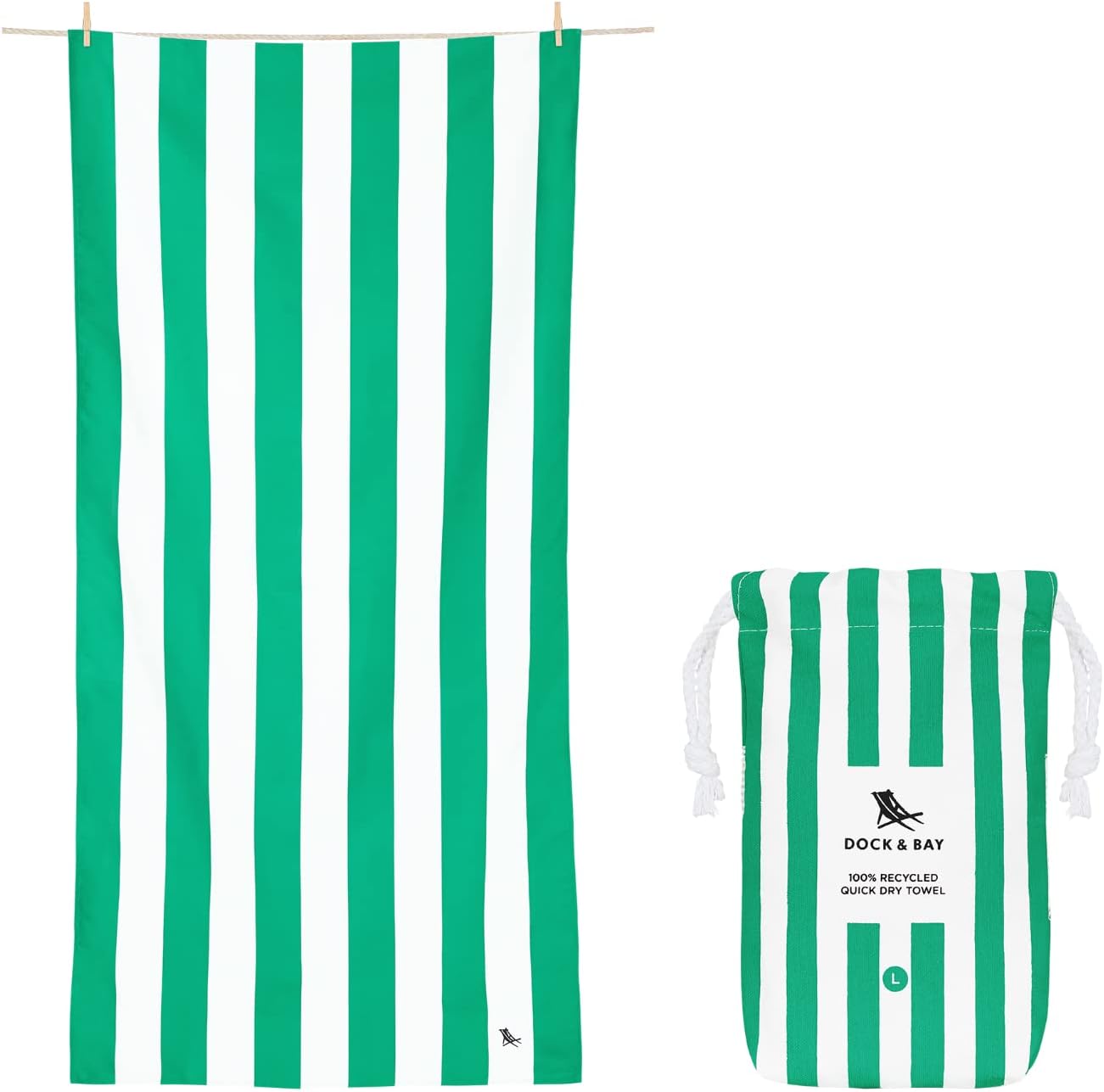 Dock & Bay Beach Towel - Quick Dry, Sand Free - Compact, Lightweight - 100% Recycled - Includes Bag - Cabana - Cancun Green - Large (160x90cm, 63x35)