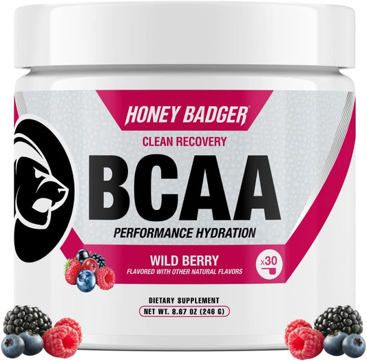 Honey Badger BCAA + EAA Amino Acids Powder, BCAAs + L-Glutamine, Keto, Vegan, Sugar Free for Men & Women, Hydration & Post Workout Muscle Recovery Drink Mix, Wild Berry, 30 Servings
