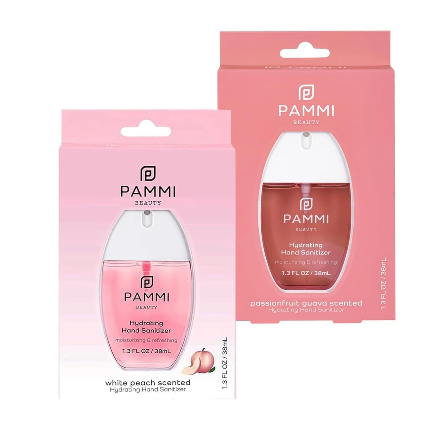 PAMMI Power Mist Hydrating Hand Sanitizer Spray, Portable Travel Size Pocket Hand Sanitizer, Scented Handsanitizer Mini Spray For Car - 600 Sprays (2 Packs (Guava, Peach))