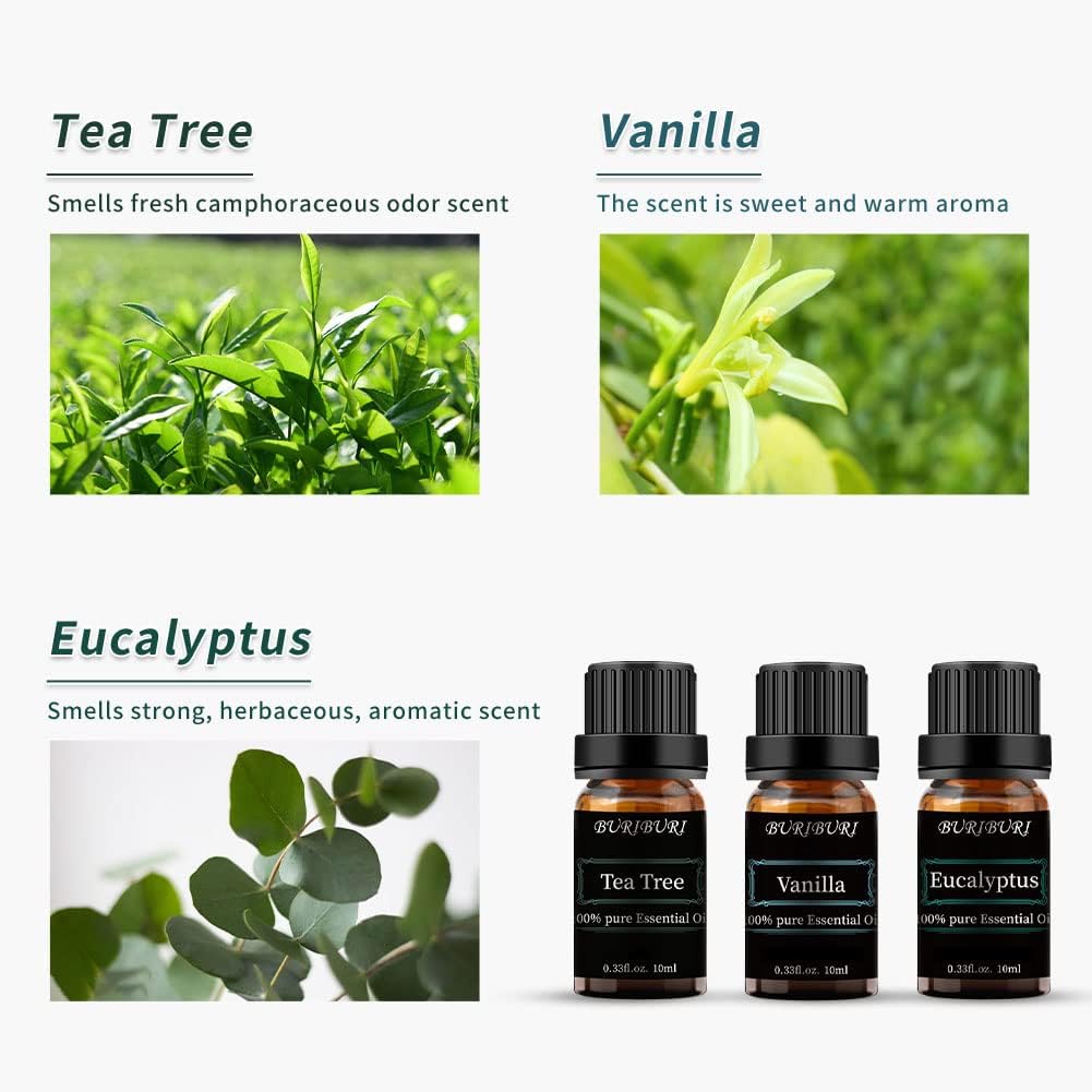 BURIBURI Tea Tree, Eucalyptus and Vanilla Essential Oil Set, 100% Pure 3Pcs Essential Oils Gift Set for Diffusers