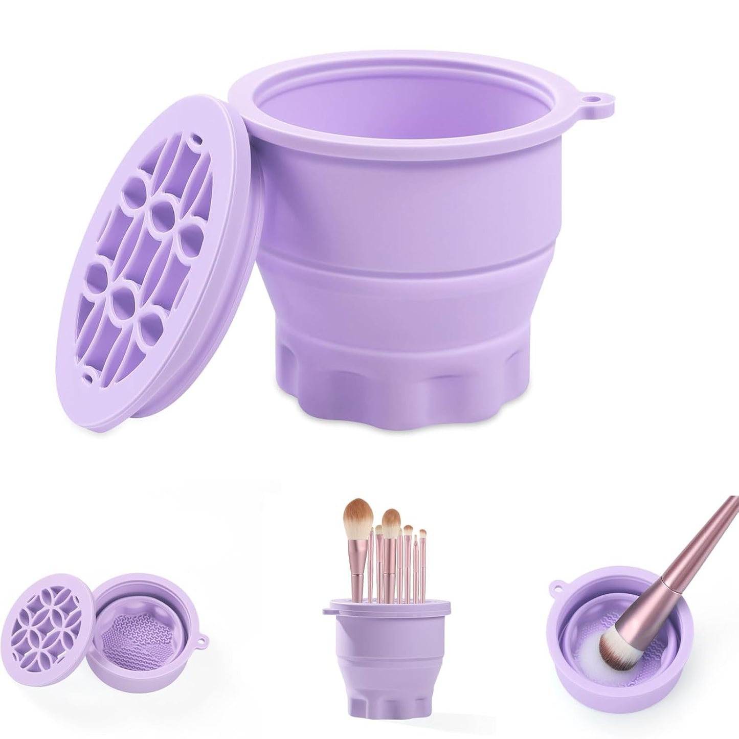 WantGor Makeup Brush Cleaner Mat with Brush Storage Holder, 3 in 1 Foldable Silicone Bowl Cosmetic Brushes Cleaning Pads Tool for Makeup Brush, Makeup Sponge, Powder Puff (Purple)