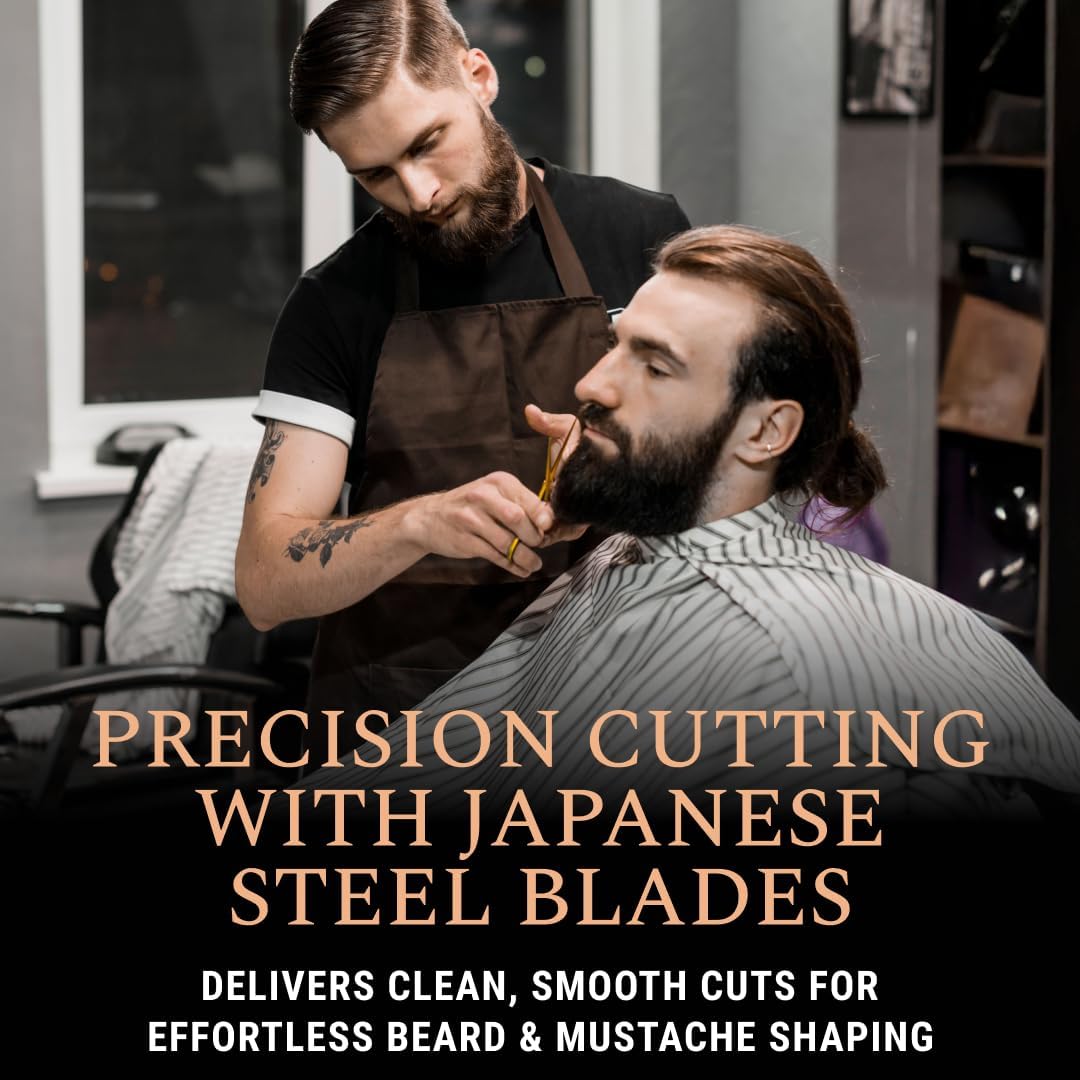 Ontaki Japanese Steel Beard & Hair Trimming Scissors - Precision Convex Blades Hair Cutting Scissors - Adjustable Tension Knob Barber Shears - Rubber Ring Grip & Mustache Comb - Gold Brass, 5.5 in