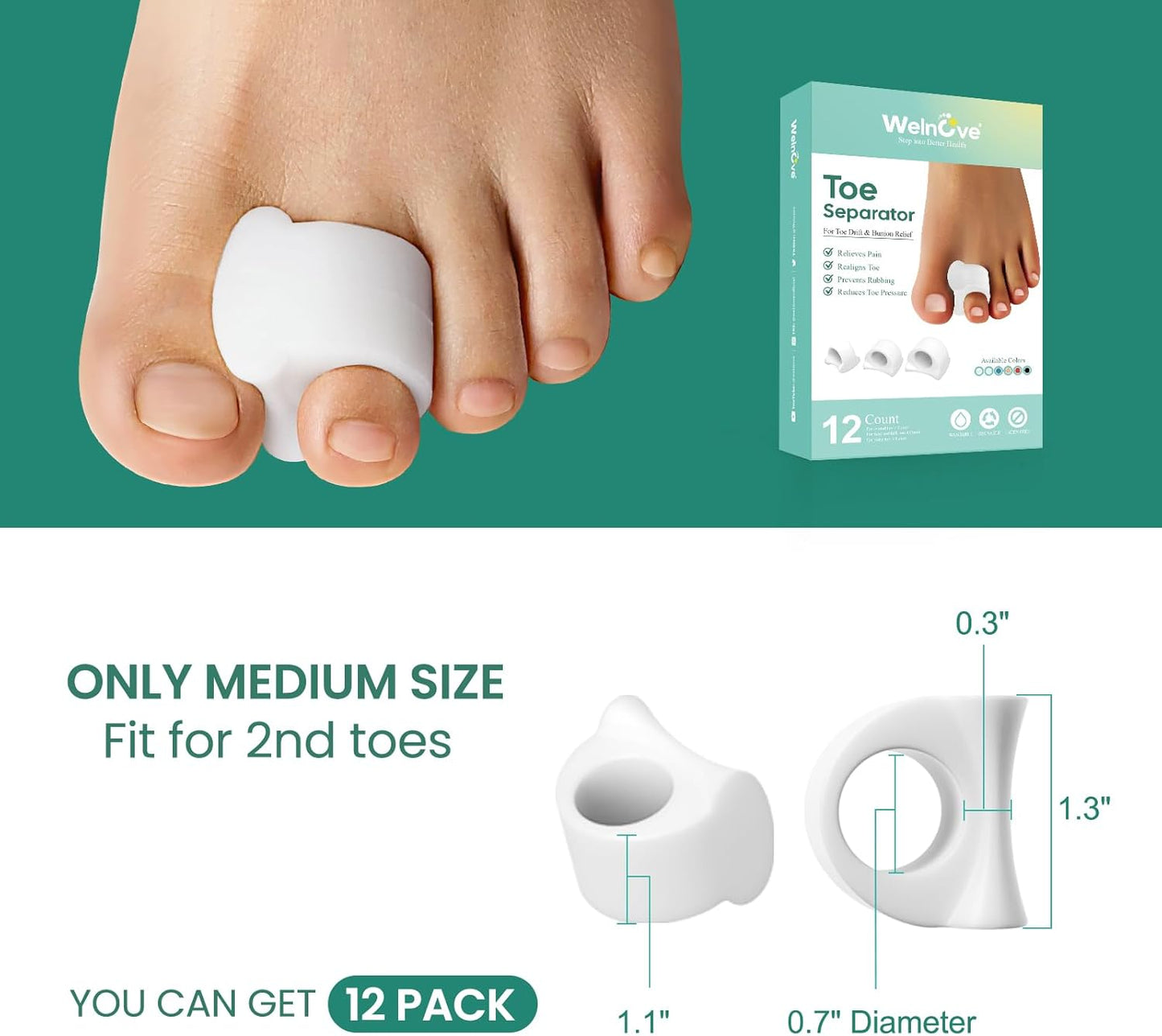 Welnove Toe Separator for Overlapping Toes - 12 PackToe Spacers for Bunions - Toe Corrector for Hammer Toes, Realign Crooked Toes - Preventing Rubbing Relieve Pressure (Medium, White)