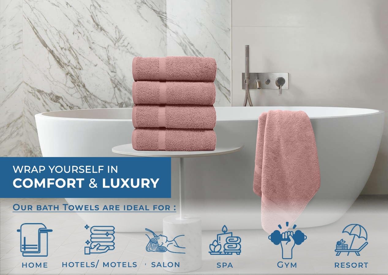 DAN RIVER Bath Towels Set of 4, 27 x 54 Inches, 100% Cotton, Larger & Lighter Weight, Quicker to Dry, Super Soft and Absorbent, Ideal Cotton Towels for Daily Use, Dusty Rose