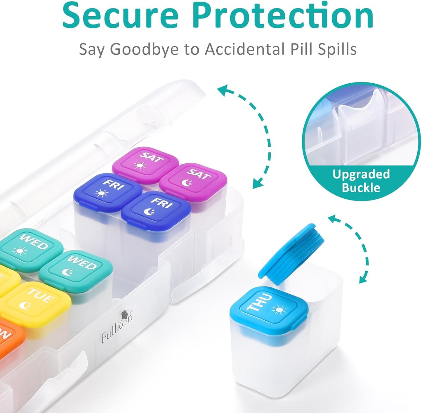 Fullicon Moisture-Proof Pill Organizer 2 Times a Day, Weekly Pill Boxes & Organiser with Silicone Lids, Large Capacity AM PM Pill Organizer 7 Day, Travel Pill Case for Vitamins (Clear Rainbow)