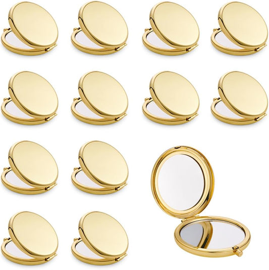 Compact Mirror, Pocket Travel Makeup Mirror for Purse, Metal Round Shell, 2-Sided 1X/2X Magnifying, Portable, Folding, Handheld, Gold, 12 Pack