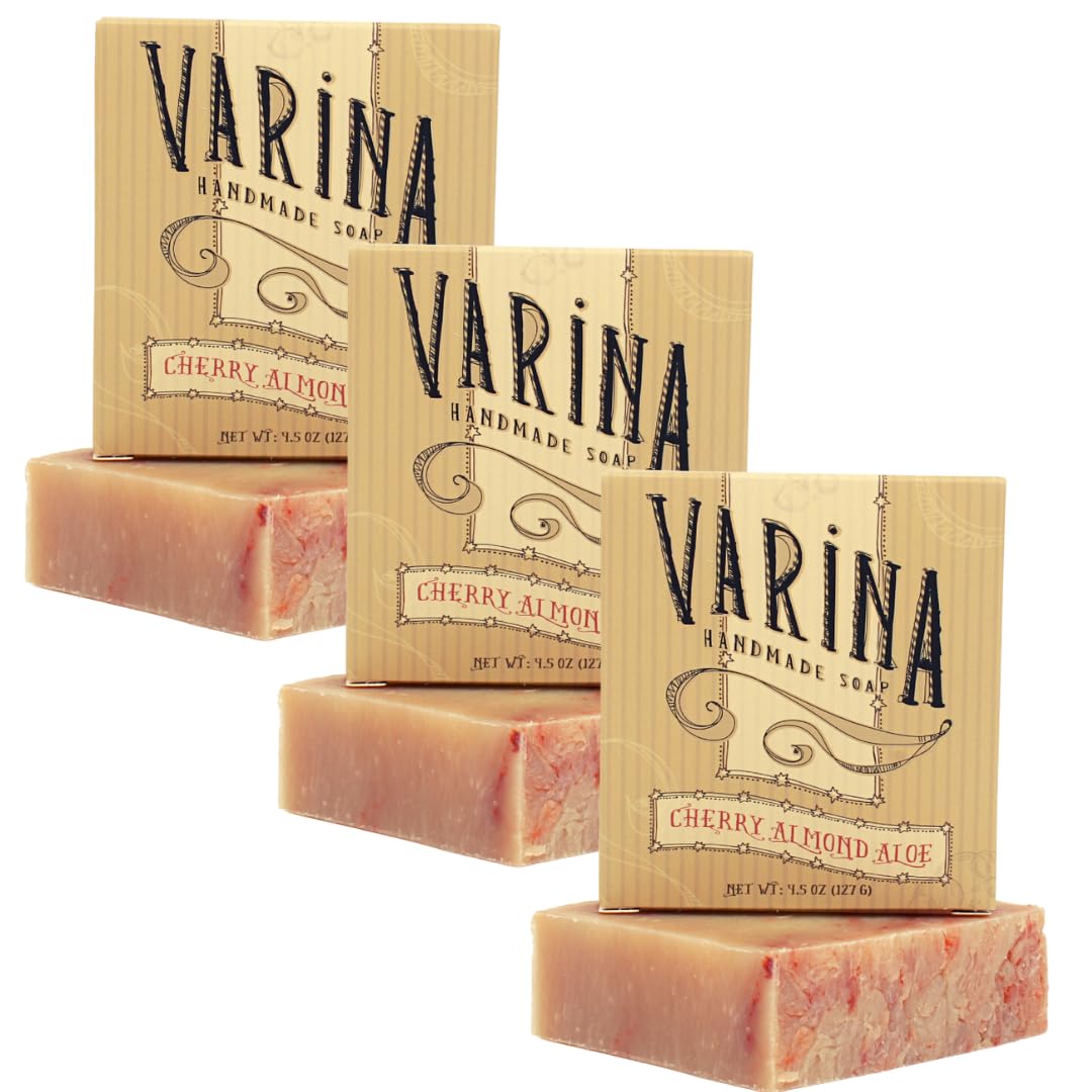 Varina Natural Cherry Almond Aloe Bar Soap - Gentle Cleansing for Sensitive Skin, Spicy - 3 Pack - Experience Healthy and Glowing Skin