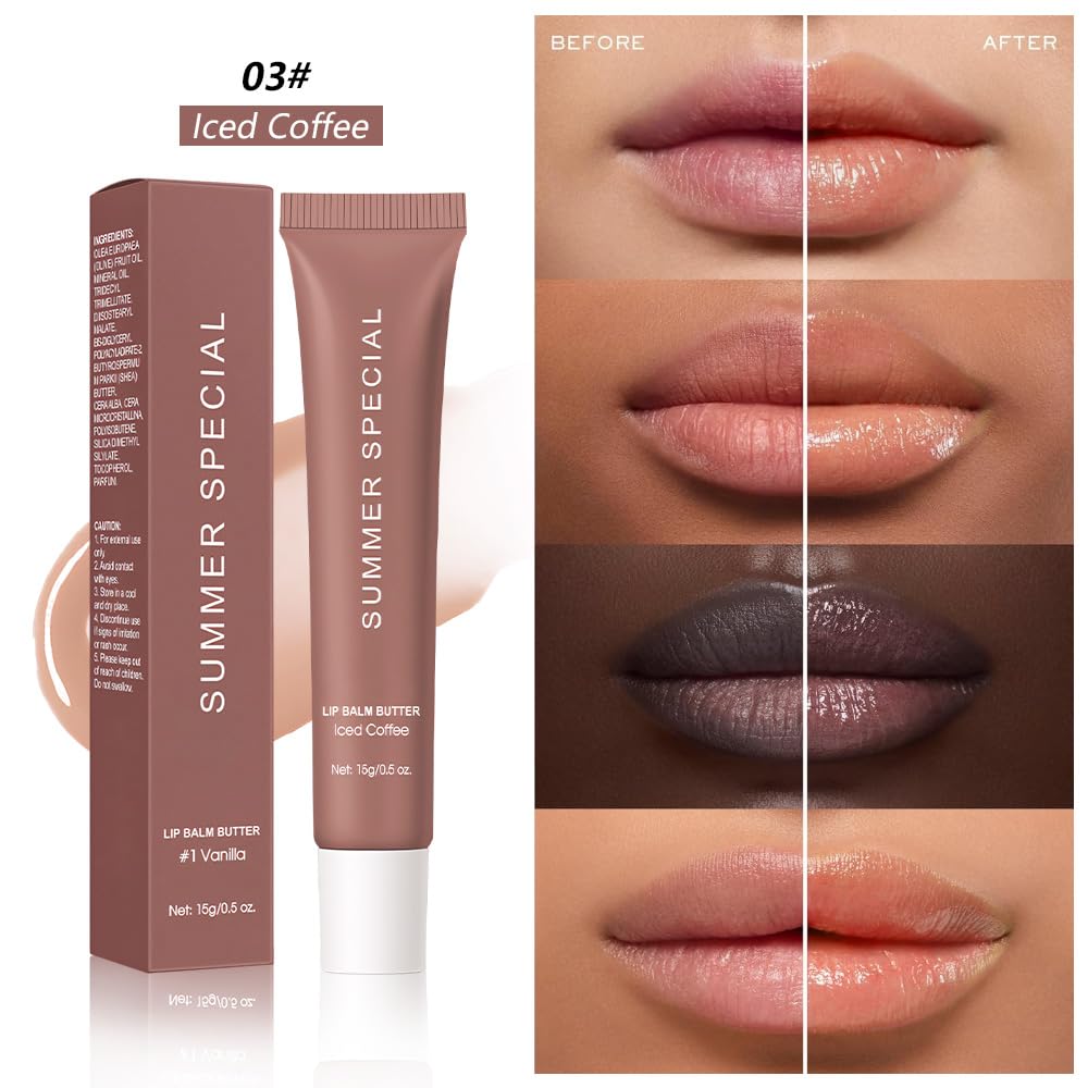 Summer Ultra-Hydrating Lip Butter Balm, Natural Vegan Lip Balm for Instant Moisture, Shine & Hydration,Sheer-Tinted,Soothes & Softens Dry Lips,Bálsamo labial hidratante #3 lced Coffee 0.5 Fl Oz