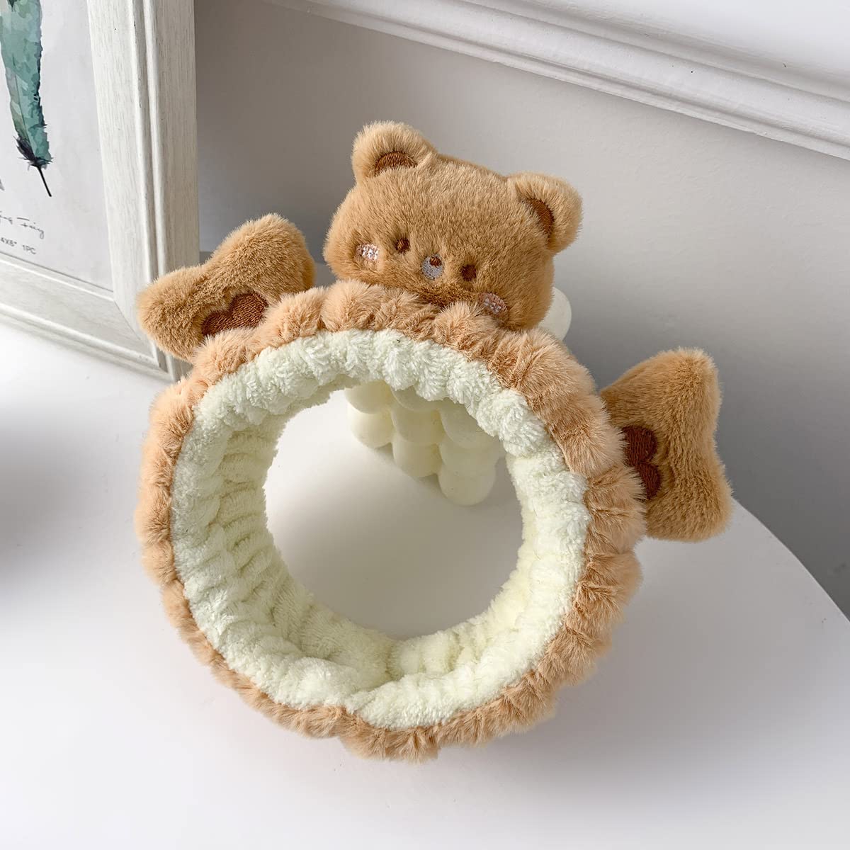 Kawaii Spa Cute Bear Headband for Women Skin Care, Makeup and Wash - Soft Microfiber Coral Fleece Towel Headband for Girls Hair (Brown, Bear)