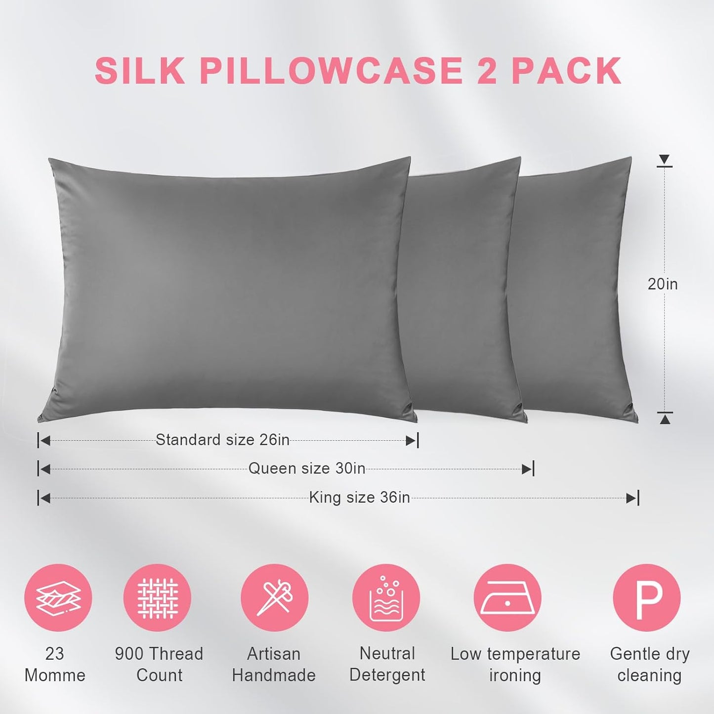 100% Silk Pillowcase 2 Pack for Hair and Skin, Both Sides 23 Momme Grade 6A+ Mulberry Silk Pillowcases with Hidden Zipper, Soft&Smooth Cooling Pillow Cases (Gray, King 20×36)