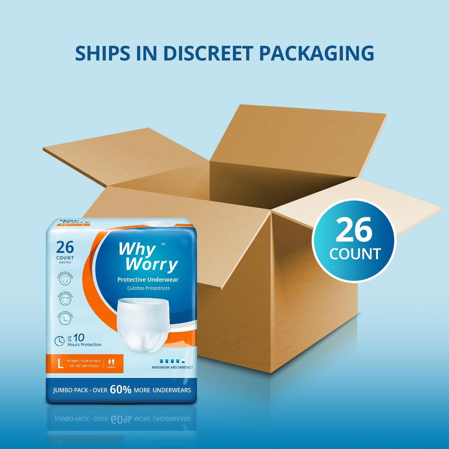 WhyWorry Incontinence Underwear for Women and Men, Disposable Adult Pull Ups with Overnight Absorbency, Leakproof, Unisex, Large, 26 Count