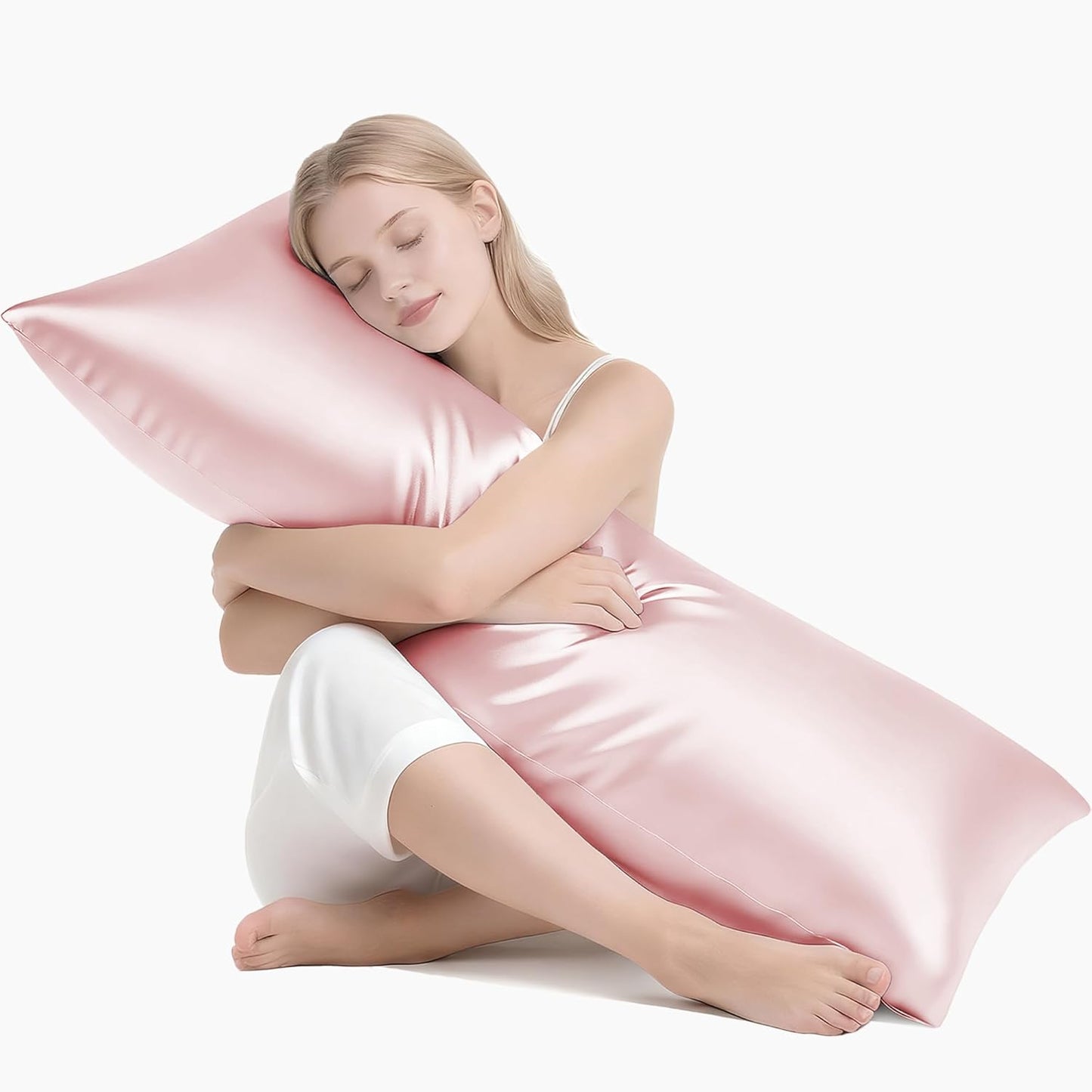 MR&HM Satin Body Pillow Cover, Soft and Breathable Body Pillow Case with Envelope Closure, Cooling and Silky Long Pillowcase for Hair and Skin,Grey (20x54, Light Pink)