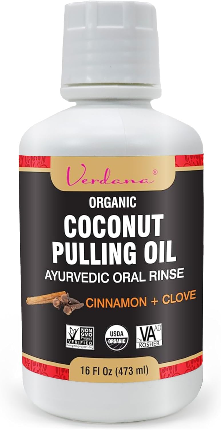 Verdana Organic Oil Pulling Mouthwash – 16 oz Cinnamon & Clove – USDA Organic Coconut Oil Rinse for Teeth & Gums – Alcohol-Free, Fluoride-Free Natural Mouthwash for Fresh Breath & Gum Health