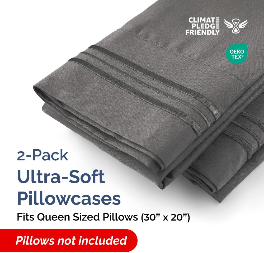 Queen Pillow Cases Set of 2 - Ultra Soft Hotel Quality Pillowcase Covers - Comfy, Cozy & Wrinkle Free - Shrinkage, Stain & Fade Resistant - Machine Washable Pillow Protectors - 2 Piece Set - Charcoal