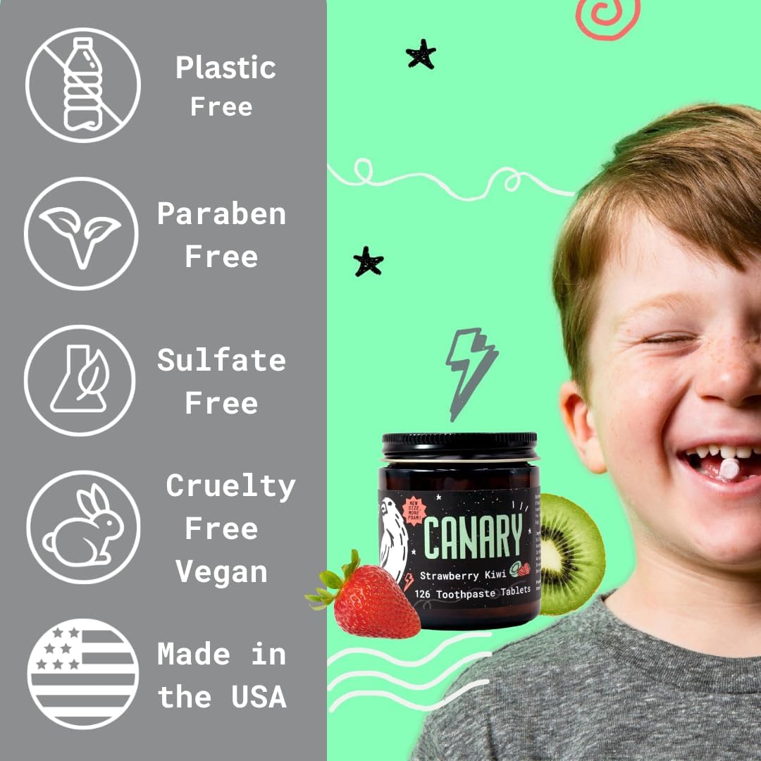 Canary Nano Hydroxyapatite Toothpaste Tablets Strawberry Kiwi - Remineralizing, Fluoride Free, All Natural Tabs with Xylitol - Great for Kids, Plastic Free - 126 Count