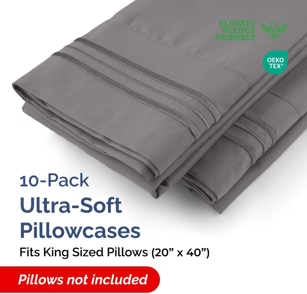 King Pillow Cases Set of 10 - Ultra Soft Hotel Quality Pillowcase Covers - Comfy. Cozy & Wrinkle Free - Shrink, Stain and Fade Resistant - Machine Washable Pillow Protectors - 10 Piece Set - Dark Grey