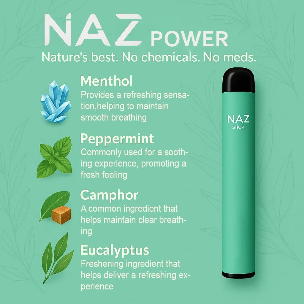 Naz Electric Nasal Stick - Portable Essential Oil Vapor Inhaler for Aromatherapy, Cool & Refreshing, Simple Ingredients | Non-Medicated Nasal Inhaler with Blue Raz, Lemonana, Miami Ice, 3-Pack