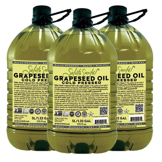 Cold Pressed Grapeseed Oil by Salute Sante! High Temperature Cooking, Healthy Grape Seed Oil, Non-GMO and Kosher for Salad Dressings, Marinades and Dips, Vegan, 5 Liter, 3 Pack