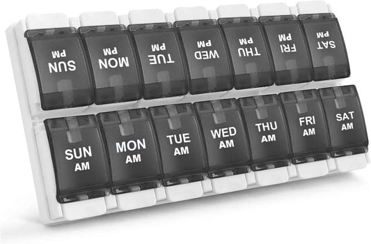 Sukuos AM PM Weekly 7 Day Pill Organizer, 2 Times A Day Pill Box with Arthritis Friendly Push Button, Medicine Cases for Vitamin/Fish Oil/Supplements, Easy to Clean (Black)