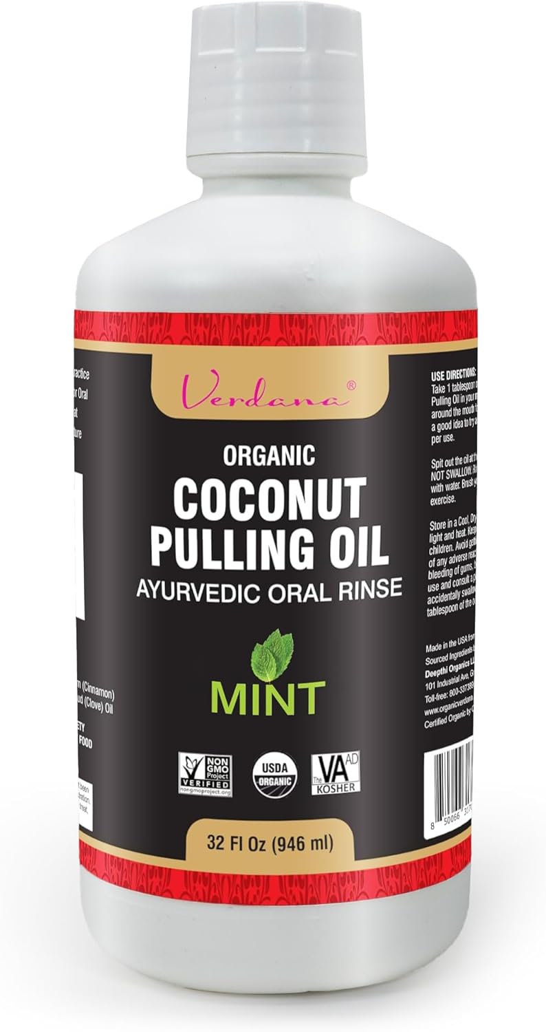Verdana Organic Oil Pulling for Teeth & Gums – 32 oz Mint – USDA Organic Coconut Pulling Oil Rinse – Alcohol-Free, Fluoride-Free – Natural Mouthwash for Fresh Breath, Gum Health & Oral Detox