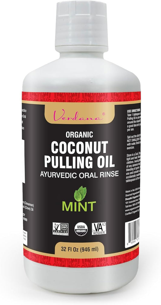 Verdana Organic Oil Pulling for Teeth & Gums – 32 oz Mint – USDA Organic Coconut Pulling Oil Rinse – Alcohol-Free, Fluoride-Free – Natural Mouthwash for Fresh Breath, Gum Health & Oral Detox