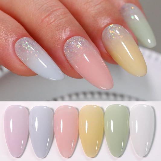 Double Rhythm Gel Nail Polish Set of 6 Colors Baby Light Pastel Milky Nail Polish Starter Kit Art DIY Salon Home (Jelly Sheer White Lilac Blue Pink Yellow Green,Kit 1)