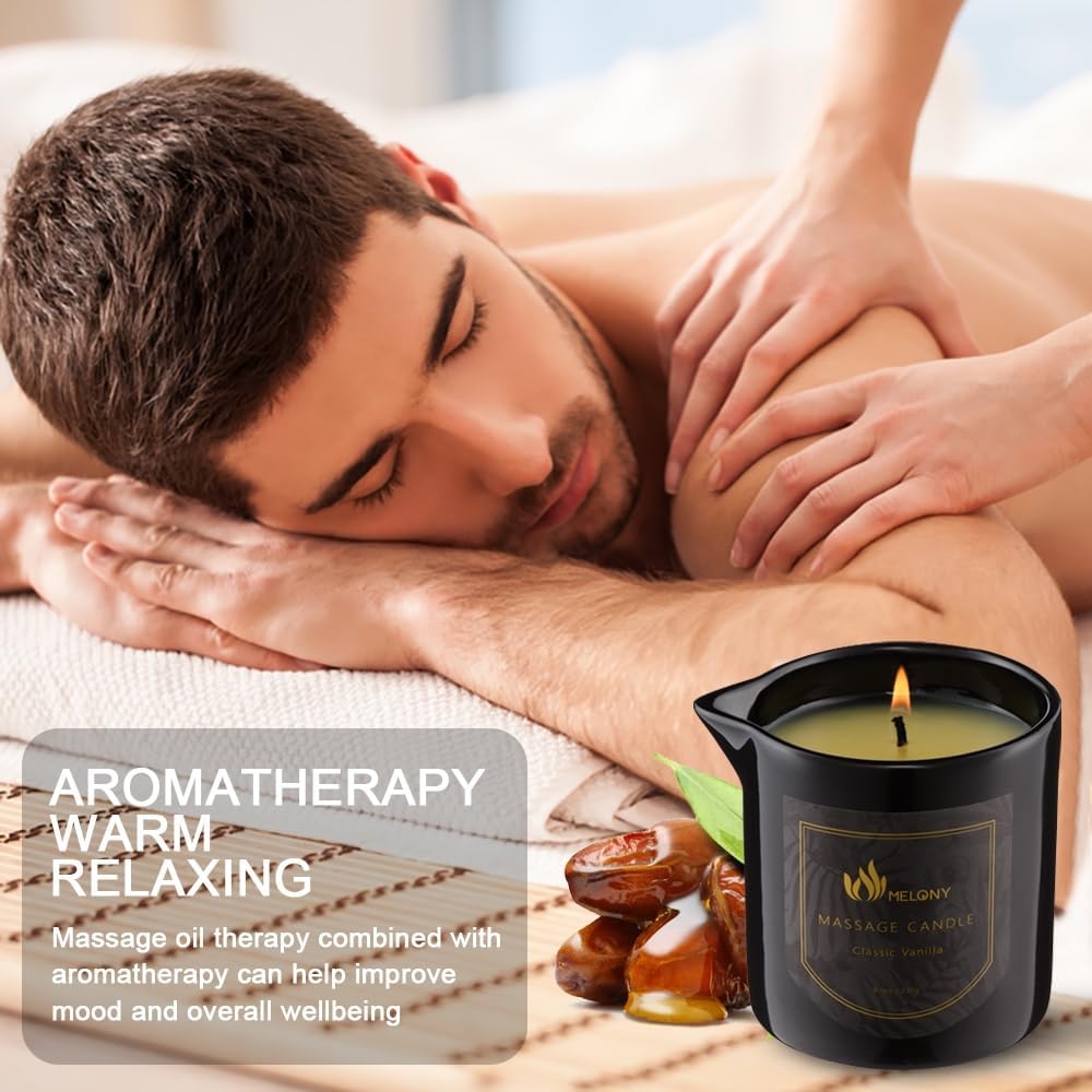 MELONY Massage Oil Candle for Pure Relaxation- 8.1 oz- Moisturizing Essential Oil Body Massage Candle for Home Spa- Amazing Gift for Women & Men (Classic Vanilla)
