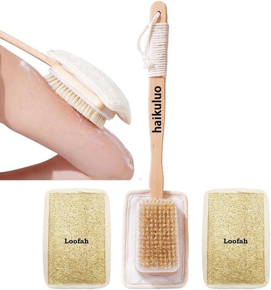 Shower Body Brush with Bristles and Loofah,Back Scrubber for Shower for Bath or Dry Brush,Back exfoliating Body Scrubber Shower Scrub Brush Long Handle for Women and Men