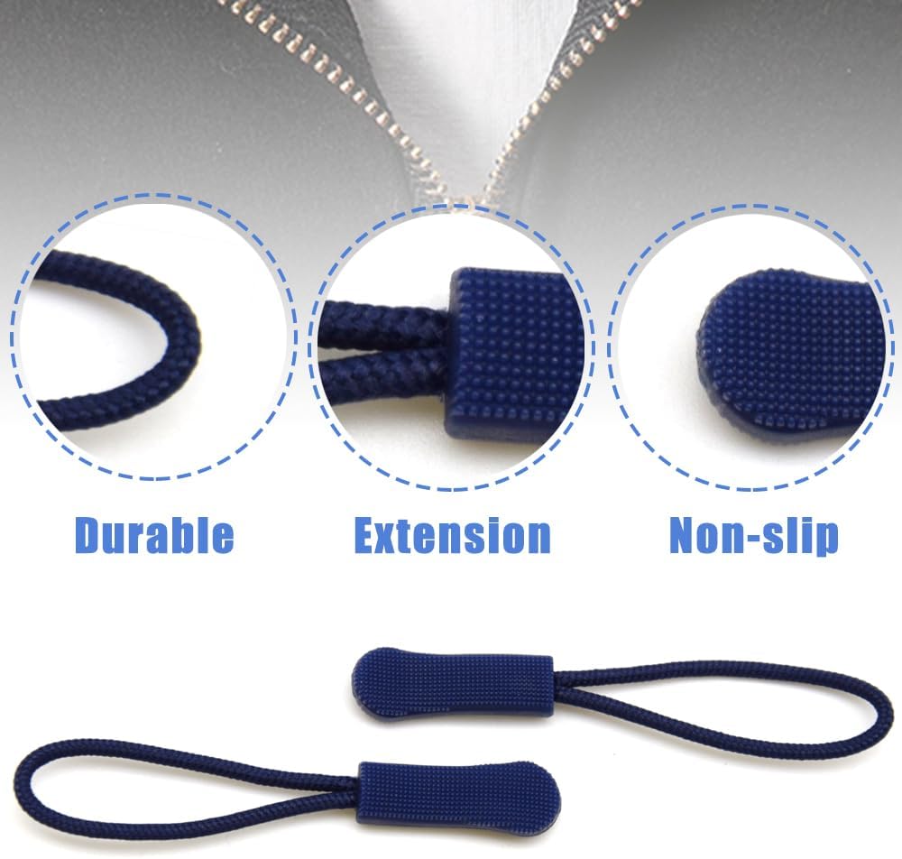 Ruidee 50 Pieces Zipper Pulls Zipper Tabs Zipper Pull Cord Extender Replacement Zipper Pulls for Backpacks, Jackets, Luggage, Purses, Handbags（Navy Blue）