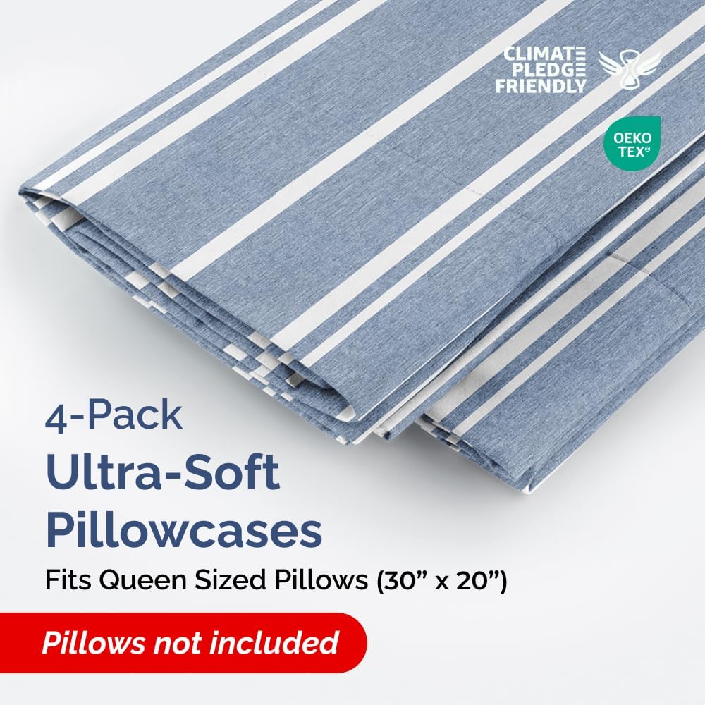 Queen Pillow Cases Set of 4 - Ultra Soft Hotel Quality Pillowcase Covers - Comfy, Cozy & Wrinkle Free - Shrinkage and Fade Resistant - Machine Washable Pillow Protectors - 4 Piece Set - Blue Stripes 3