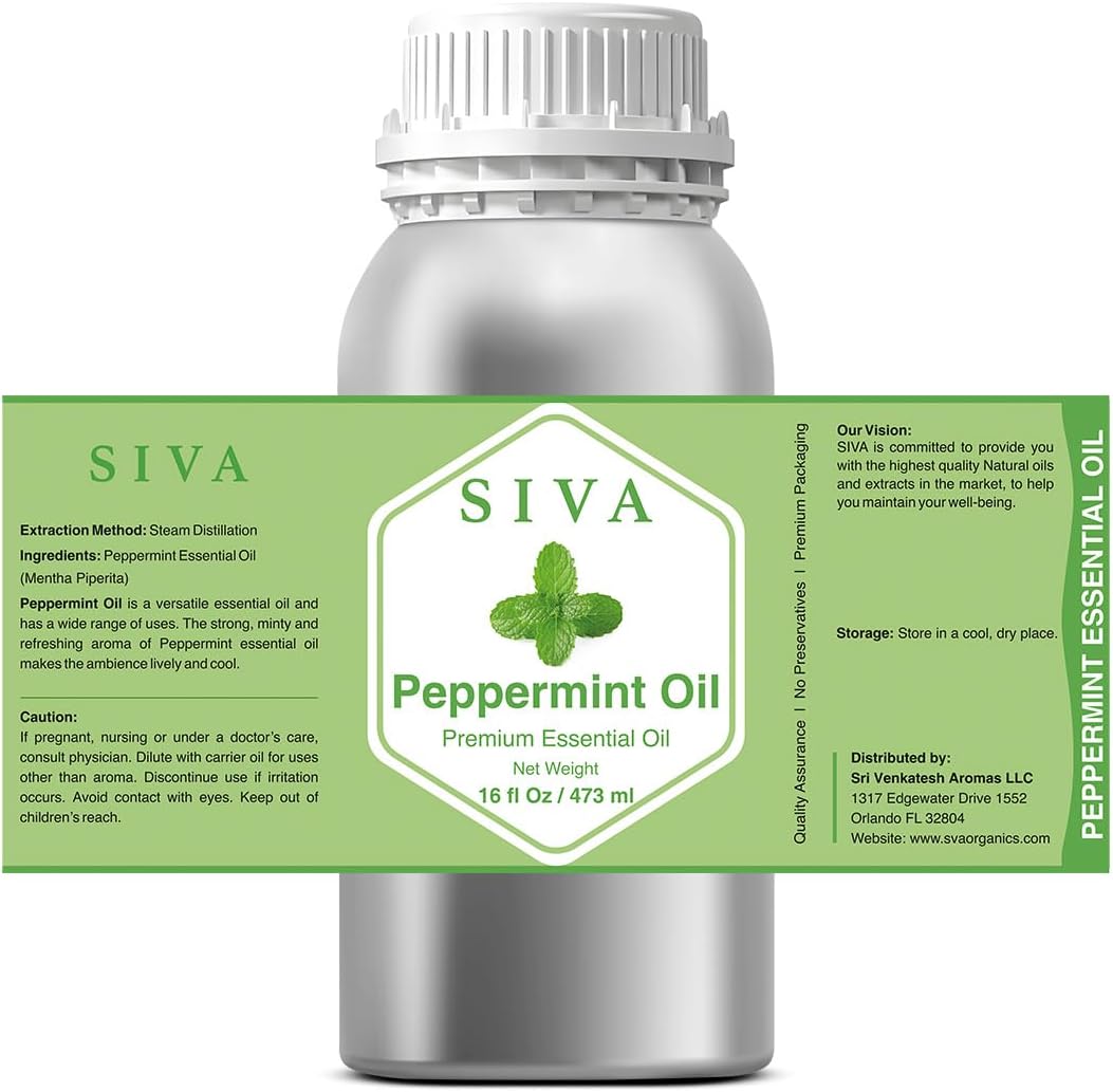Siva Peppermint Essential Oil - 16 Fl Oz – Natural Peppermint Oil - for Diffuser, Face, Skin Care, Aromatherapy, Hair Care, Scalp and Body Massage