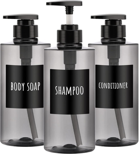 Segbeauty Shower Bottles Refillable, 3pcs 16.9oz/500ml Liquid Dispenser with Labels, Empty Plastic Lotion Pump Press Bottles for Shampoo, Conditioner, Body Soap, Hand Soap, Bathroom, Hotel - Gray