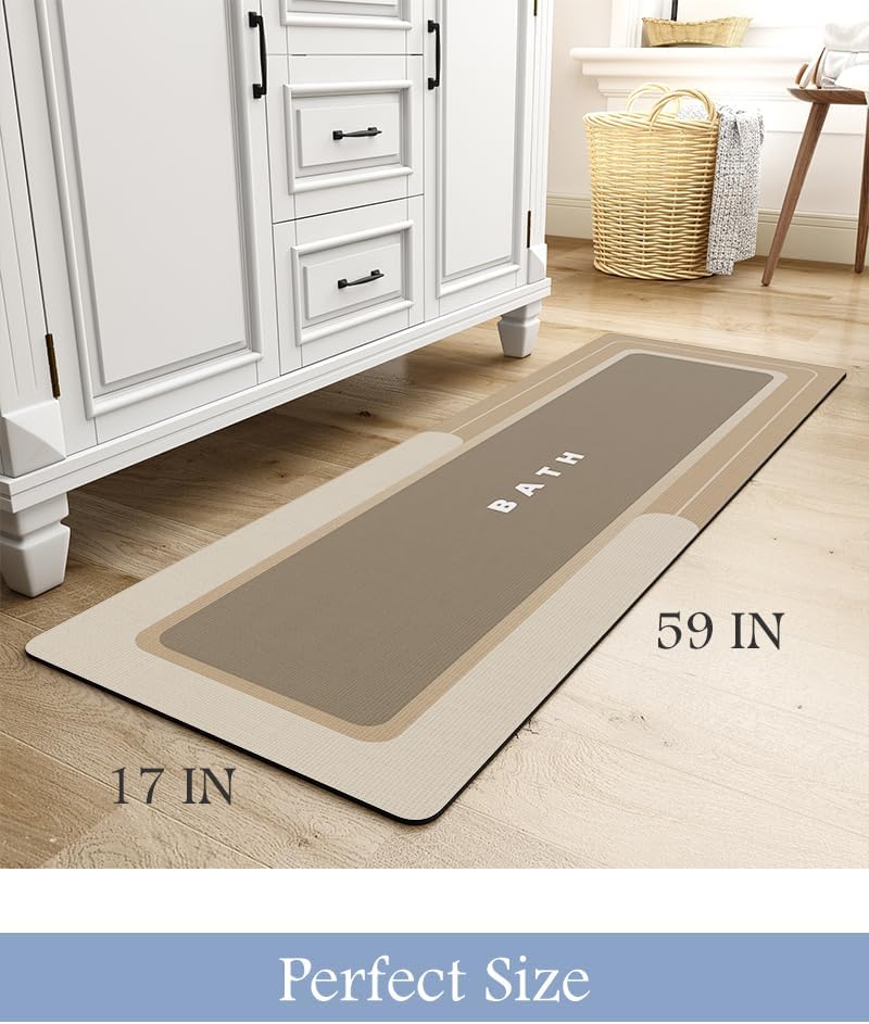 MontVoo-Bath Mat Rug Long Non Slip Super Absorbent Bathroom Runner Stain Resistant Quick Dry Thin Bathroom Mat Fit Under Door-17"x59",Beige