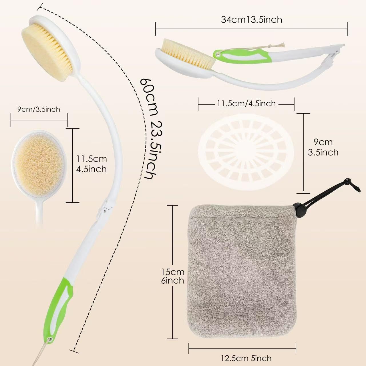 Back Scrubber Bath Brush for Shower Curved Long Handle, Foldable Handled Shower Body Brush Whith Absorbent Microfiber Bag Can Quickly Dry Your Back