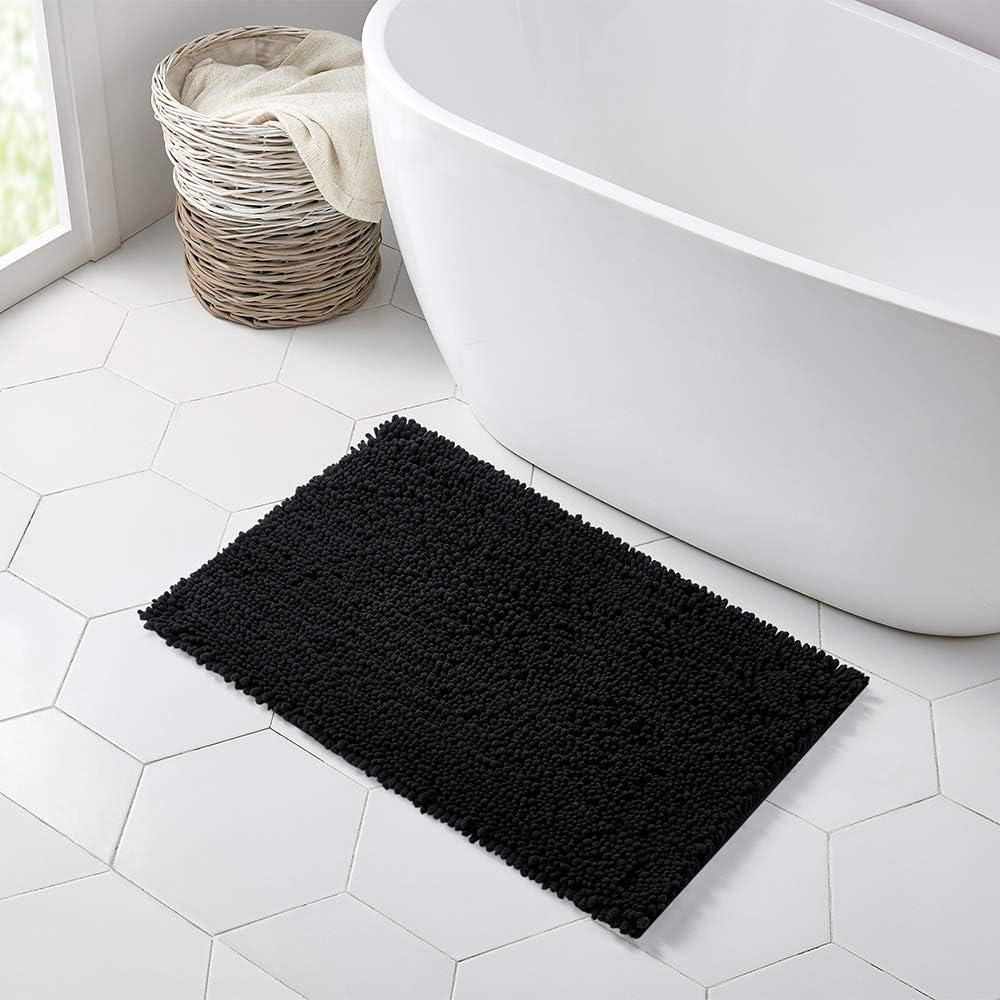 Walensee Bathroom Rug Non Slip Bath Mat (32x20 Inch Black) Water Absorbent Super Soft Shaggy Chenille Machine Washable Dry Extra Thick Perfect Absorbant Best Large Plush Carpet for Shower Floor