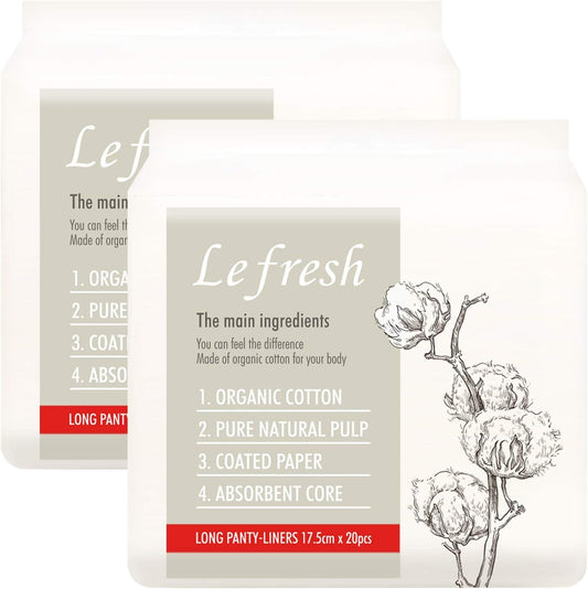 Lefresh Organic Cotton Cover Panty Liners | Long,40 Count | Unscented - Vegan - Chlorine Free - Daily Feminine Pads - Light Absorbency