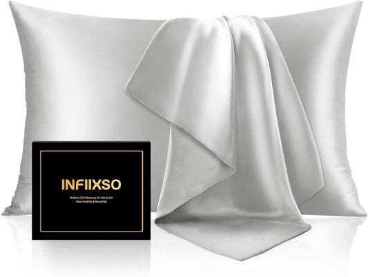 INFIIXSO Mulberry Silk Pillowcase for Hair and Skin, Silk Pillow Cases Queen Size Set of 2 with Hidden Zipper 20x30 Inches, Ultra Soft Cooling Pillow Cases for Hot Sleepers(Light Grey, 2 Pack)